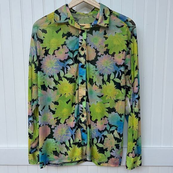 BP. NWT Floral Mesh Button Down Blouse Colorful Bright Tropical Women's S New - Picture 2 of 9
